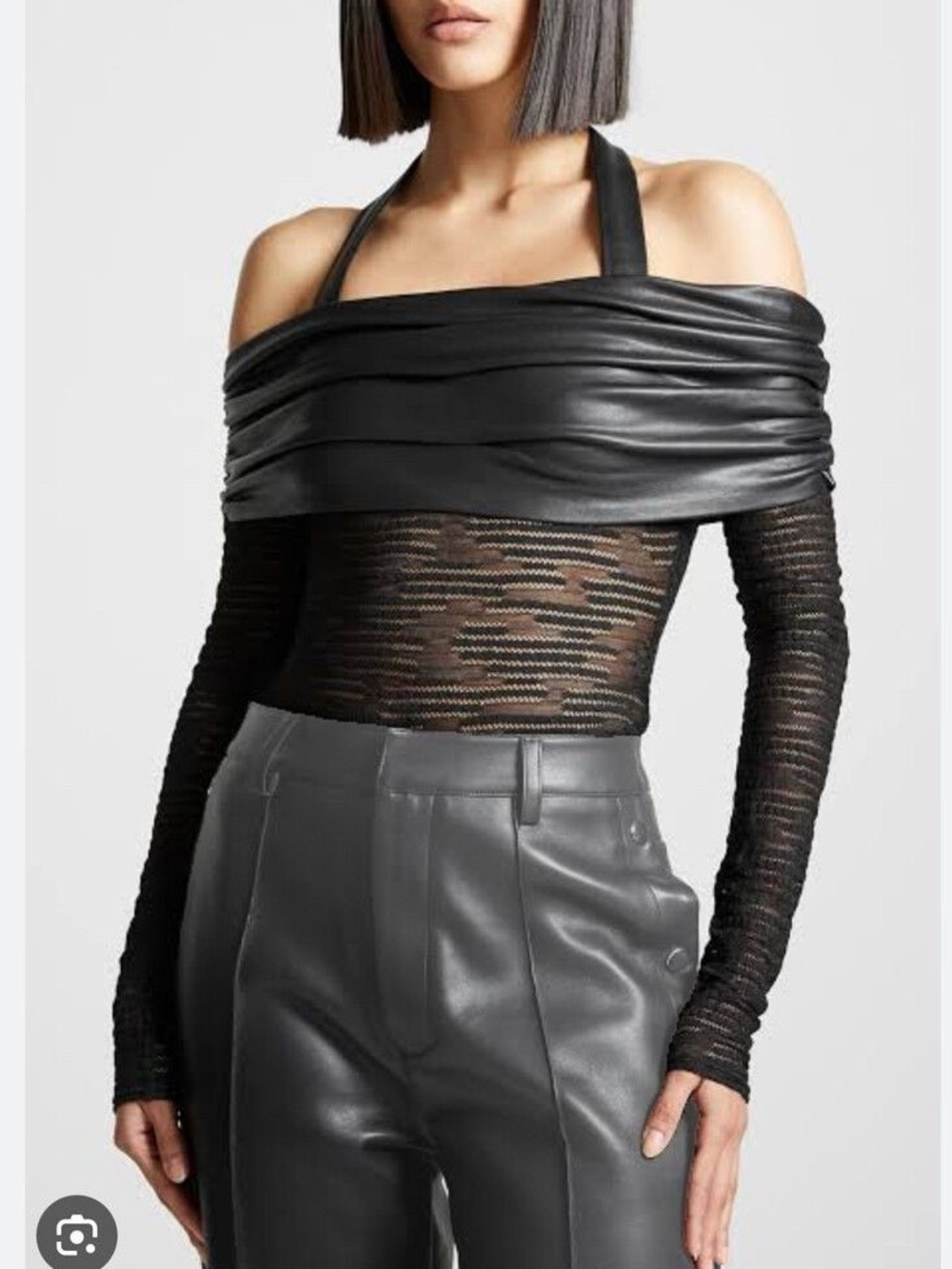NWT Maniere De Voir Mesh Vegan Leather Bardot Black Bodysuit Size 6
